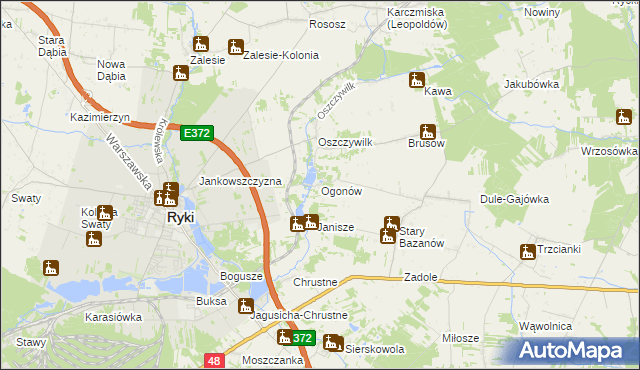 mapa Ogonów gmina Ryki, Ogonów gmina Ryki na mapie Targeo