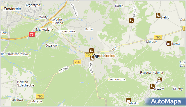 mapa Ogrodzieniec powiat zawierciański, Ogrodzieniec powiat zawierciański na mapie Targeo