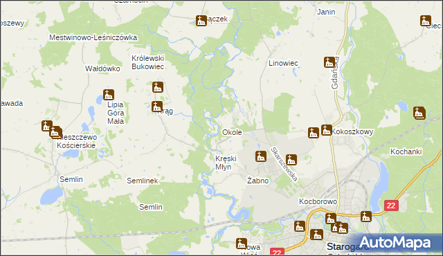 mapa Okole gmina Starogard Gdański, Okole gmina Starogard Gdański na mapie Targeo