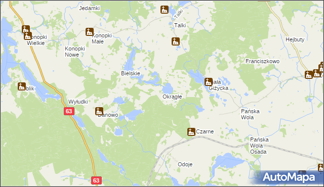 mapa Okrągłe gmina Wydminy, Okrągłe gmina Wydminy na mapie Targeo