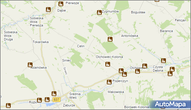 mapa Olchowiec-Kolonia gmina Żółkiewka, Olchowiec-Kolonia gmina Żółkiewka na mapie Targeo