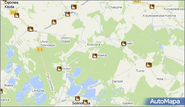 mapa Olchówka gmina Sosnowica, Olchówka gmina Sosnowica na mapie Targeo