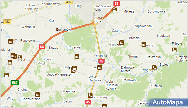 mapa Oleśnica gmina Ostrówek, Oleśnica gmina Ostrówek na mapie Targeo