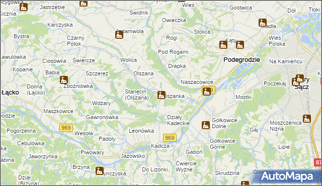 mapa Olszanka gmina Podegrodzie, Olszanka gmina Podegrodzie na mapie Targeo