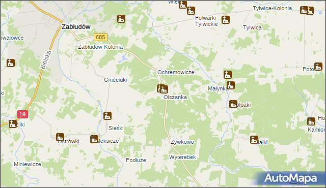 mapa Olszanka gmina Zabłudów, Olszanka gmina Zabłudów na mapie Targeo