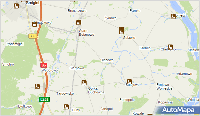 mapa Olszewo gmina Śmigiel, Olszewo gmina Śmigiel na mapie Targeo