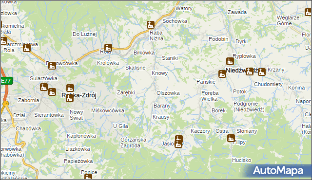 mapa Olszówka gmina Mszana Dolna, Olszówka gmina Mszana Dolna na mapie Targeo