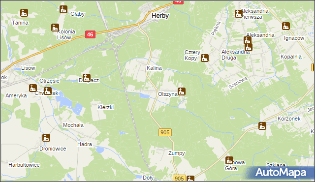 mapa Olszyna gmina Herby, Olszyna gmina Herby na mapie Targeo