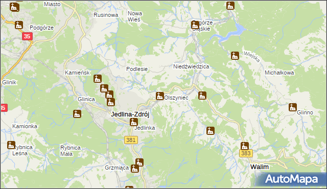 mapa Olszyniec gmina Walim, Olszyniec gmina Walim na mapie Targeo