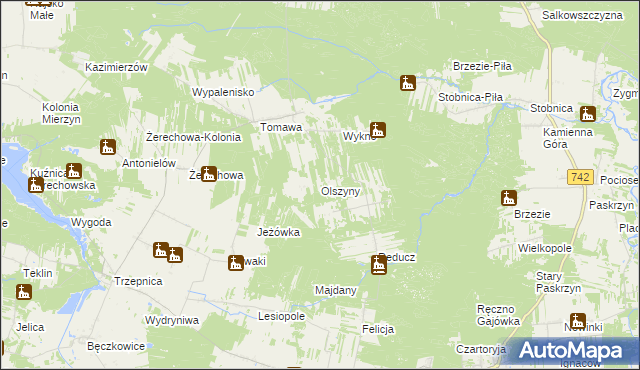 mapa Olszyny gmina Łęki Szlacheckie, Olszyny gmina Łęki Szlacheckie na mapie Targeo