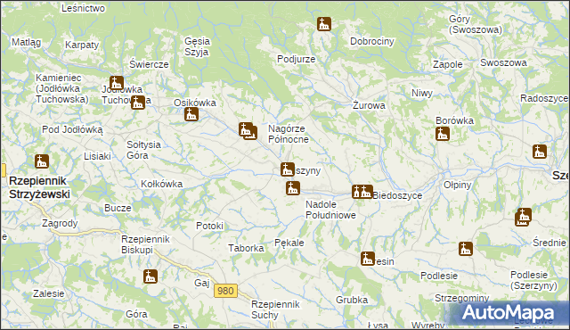 mapa Olszyny gmina Rzepiennik Strzyżewski, Olszyny gmina Rzepiennik Strzyżewski na mapie Targeo