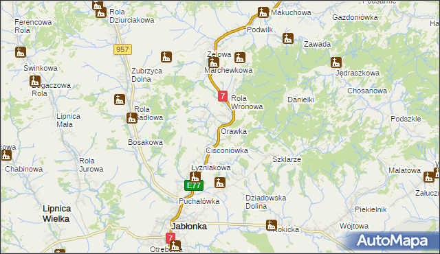 mapa Orawka gmina Jabłonka, Orawka gmina Jabłonka na mapie Targeo