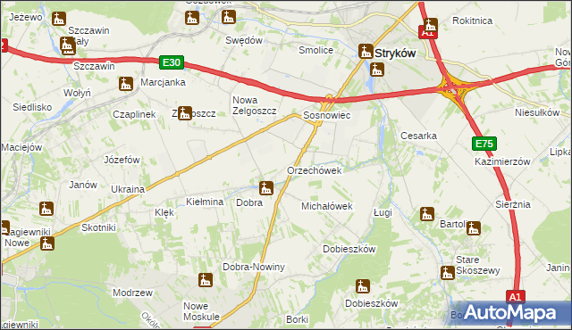 mapa Orzechówek gmina Stryków, Orzechówek gmina Stryków na mapie Targeo