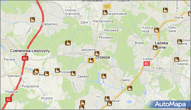 mapa Orzesze powiat mikołowski, Orzesze powiat mikołowski na mapie Targeo