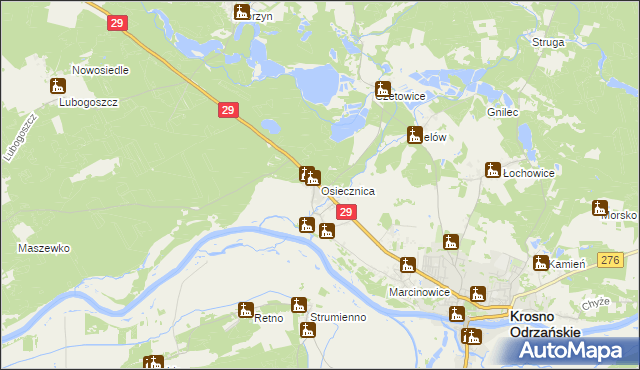 mapa Osiecznica gmina Krosno Odrzańskie, Osiecznica gmina Krosno Odrzańskie na mapie Targeo