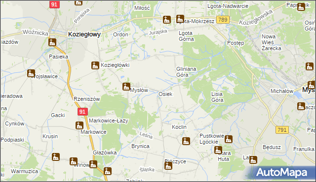 mapa Osiek gmina Koziegłowy, Osiek gmina Koziegłowy na mapie Targeo