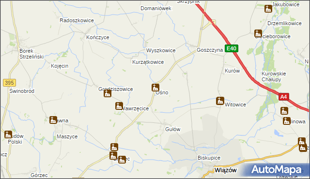 mapa Ośno gmina Wiązów, Ośno gmina Wiązów na mapie Targeo