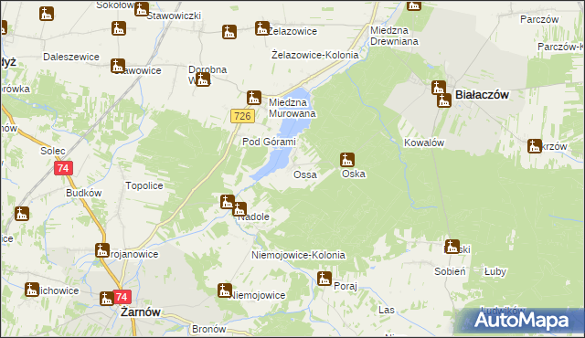 mapa Ossa gmina Białaczów, Ossa gmina Białaczów na mapie Targeo