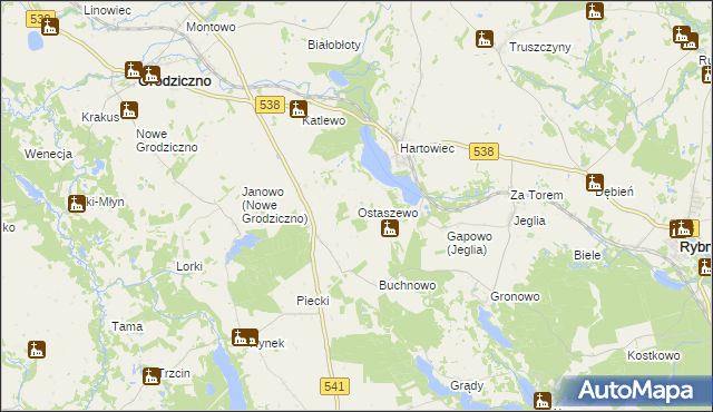 mapa Ostaszewo gmina Grodziczno, Ostaszewo gmina Grodziczno na mapie Targeo