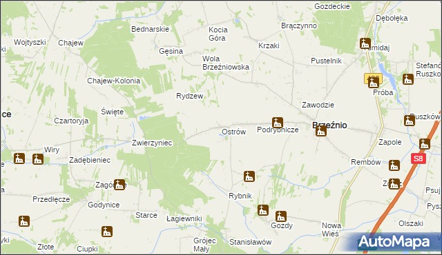 mapa Ostrów gmina Brzeźnio, Ostrów gmina Brzeźnio na mapie Targeo