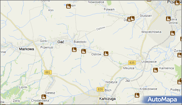 mapa Ostrów gmina Gać, Ostrów gmina Gać na mapie Targeo