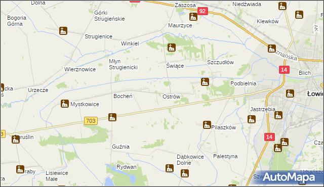 mapa Ostrów gmina Łowicz, Ostrów gmina Łowicz na mapie Targeo