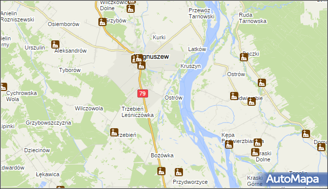 mapa Ostrów gmina Magnuszew, Ostrów gmina Magnuszew na mapie Targeo