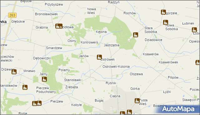 mapa Ostrówek gmina Grabów, Ostrówek gmina Grabów na mapie Targeo