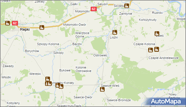 mapa Ostrowiec gmina Repki, Ostrowiec gmina Repki na mapie Targeo