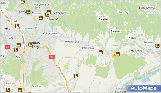 mapa Ostrowsko gmina Nowy Targ, Ostrowsko gmina Nowy Targ na mapie Targeo