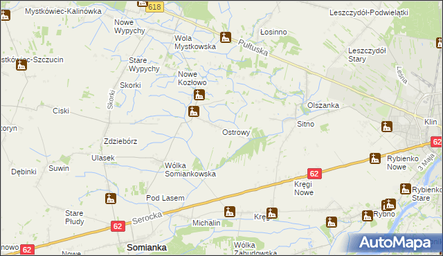 mapa Ostrowy gmina Somianka, Ostrowy gmina Somianka na mapie Targeo