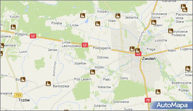 mapa Ostrowy gmina Zwoleń, Ostrowy gmina Zwoleń na mapie Targeo