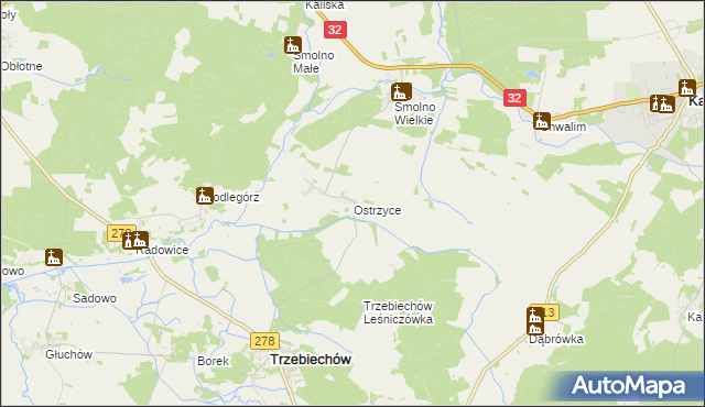 mapa Ostrzyce gmina Trzebiechów, Ostrzyce gmina Trzebiechów na mapie Targeo