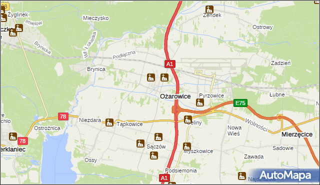 mapa Ożarowice, Ożarowice na mapie Targeo