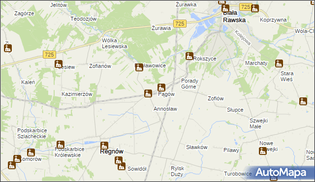 mapa Pągów gmina Biała Rawska, Pągów gmina Biała Rawska na mapie Targeo