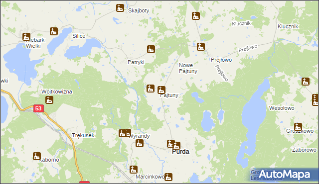 mapa Pajtuny gmina Purda, Pajtuny gmina Purda na mapie Targeo