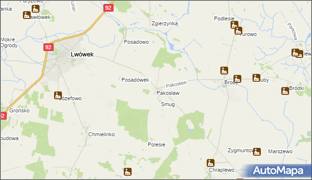 mapa Pakosław gmina Lwówek, Pakosław gmina Lwówek na mapie Targeo