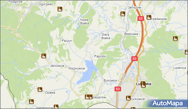 mapa Paprotki gmina Lubawka, Paprotki gmina Lubawka na mapie Targeo