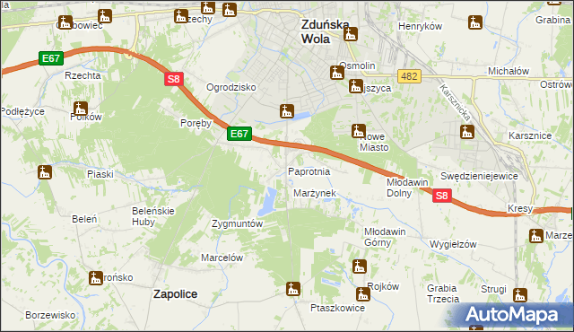 mapa Paprotnia gmina Zapolice, Paprotnia gmina Zapolice na mapie Targeo