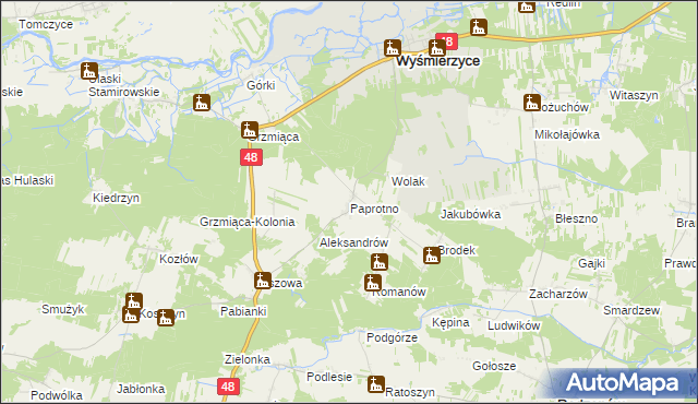 mapa Paprotno gmina Wyśmierzyce, Paprotno gmina Wyśmierzyce na mapie Targeo