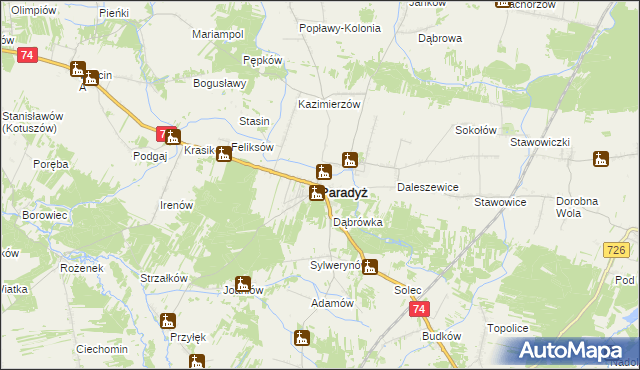 mapa Paradyż powiat opoczyński, Paradyż powiat opoczyński na mapie Targeo