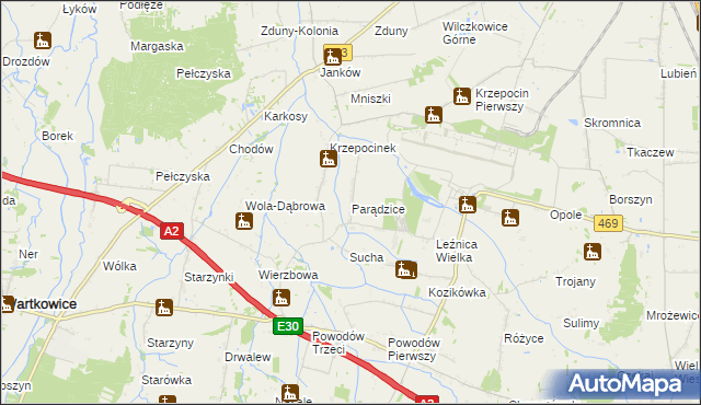 mapa Parądzice, Parądzice na mapie Targeo