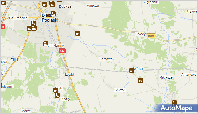 mapa Parcewo gmina Bielsk Podlaski, Parcewo gmina Bielsk Podlaski na mapie Targeo