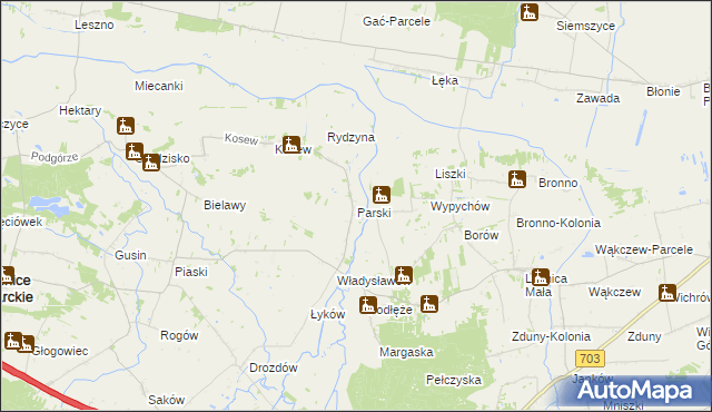 mapa Parski gmina Świnice Warckie, Parski gmina Świnice Warckie na mapie Targeo