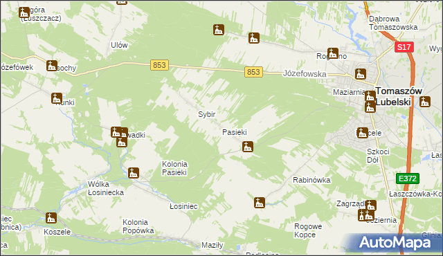 mapa Pasieki gmina Tomaszów Lubelski, Pasieki gmina Tomaszów Lubelski na mapie Targeo