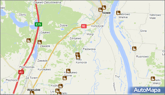 mapa Pastwiska gmina Nowe, Pastwiska gmina Nowe na mapie Targeo
