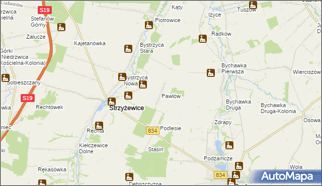 mapa Pawłów gmina Strzyżewice, Pawłów gmina Strzyżewice na mapie Targeo