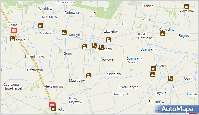 mapa Pawłówek gmina Teresin, Pawłówek gmina Teresin na mapie Targeo