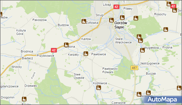 mapa Pawłowice gmina Gorzów Śląski, Pawłowice gmina Gorzów Śląski na mapie Targeo