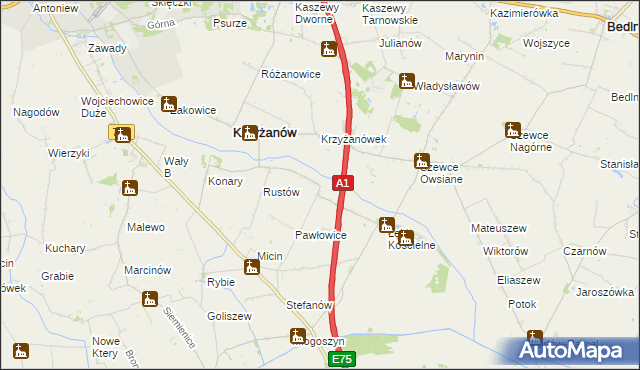 mapa Pawłowice gmina Krzyżanów, Pawłowice gmina Krzyżanów na mapie Targeo